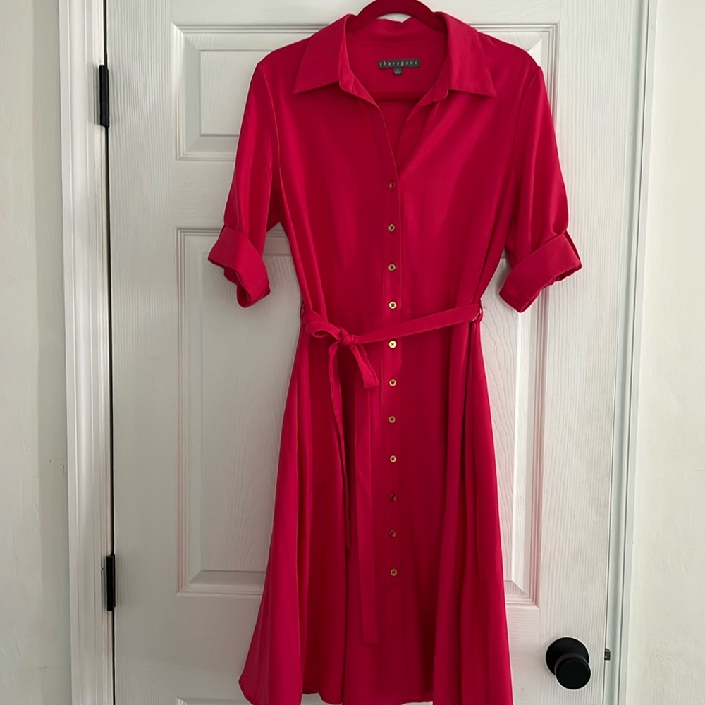 Sharagano pink dress with gold buttons